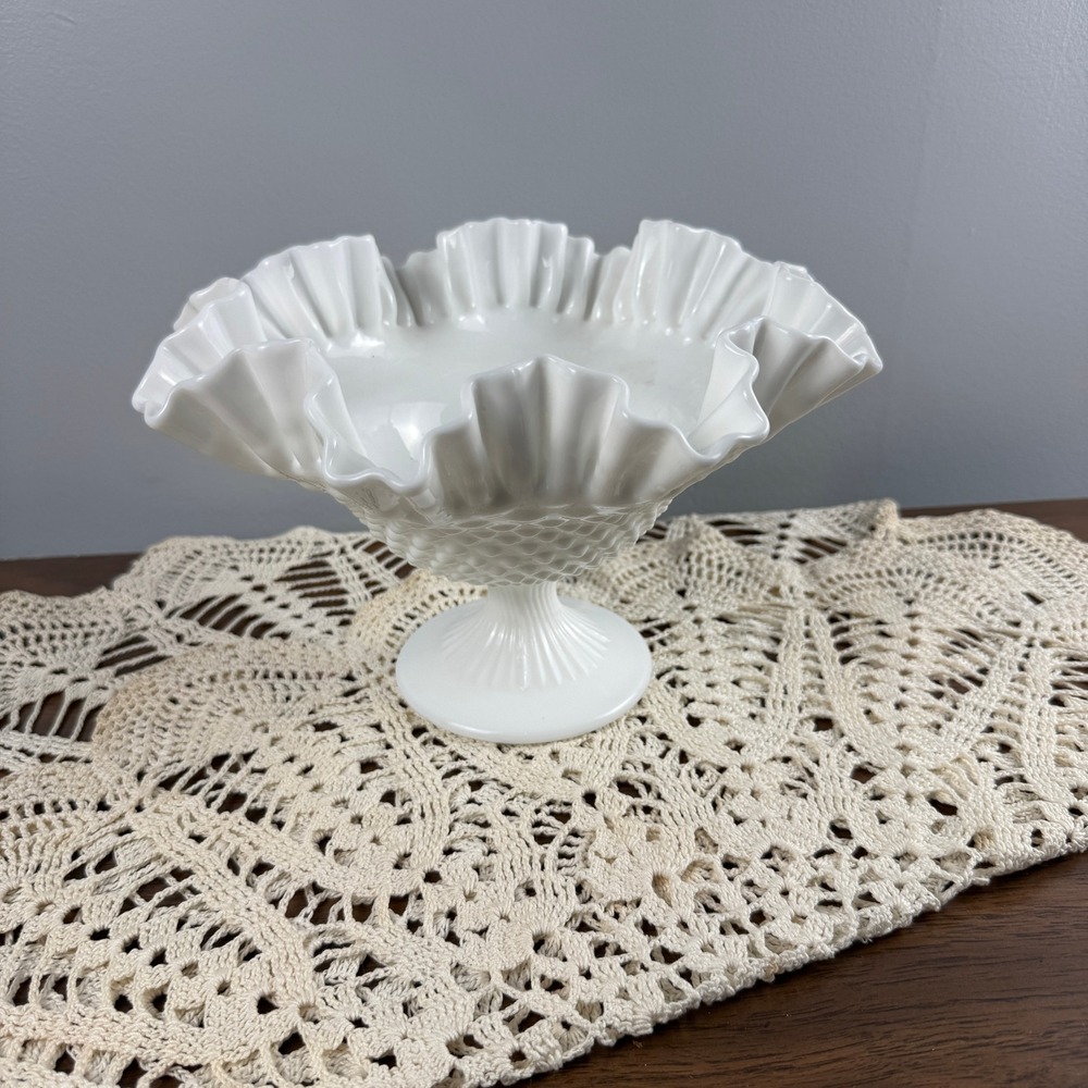 Fenton White Milk Glass Hobnail Ruffled Edge Pedestal Compote Bowl MCM Farmhouse